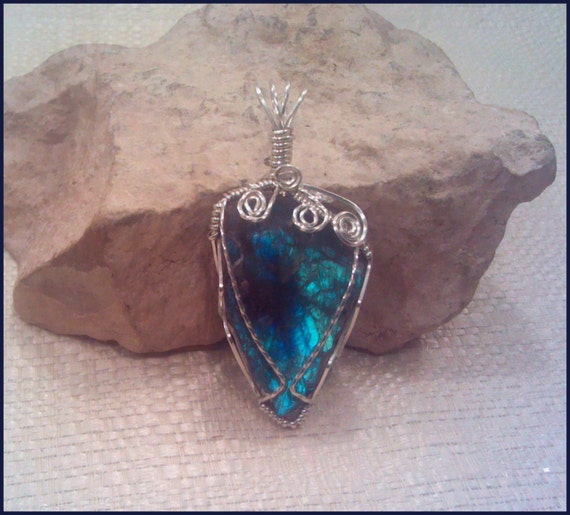 Peacock Blue Natural Labradorite Wire Wrapped Pendant Pw40