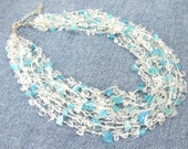 Crystal Quartz chip necklace, airy multistrand necklace with blue cat eye glass accents. Something blue wedding bridal layered cascade