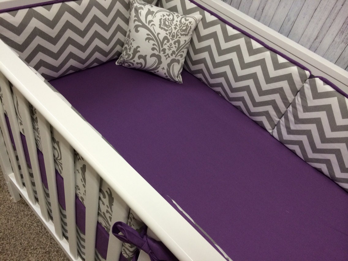 Purple Gray Crib BeddingGirl Baby by CustomBEBEtextiles on Etsy