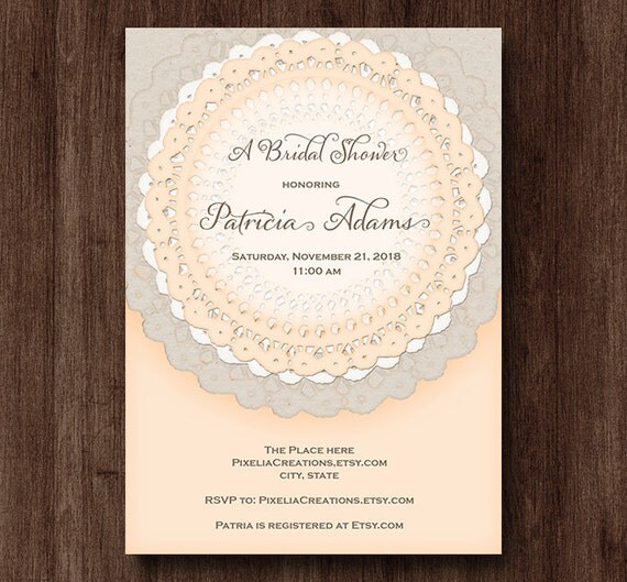 Lace doily bridal shower invitation-Printable Bridal shower invites-Peach-all colors Il_570xn