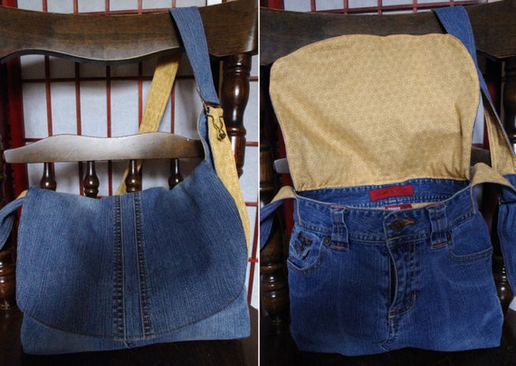 Small Upcycled Jeans Messenger Bag or Purse adjustable strap