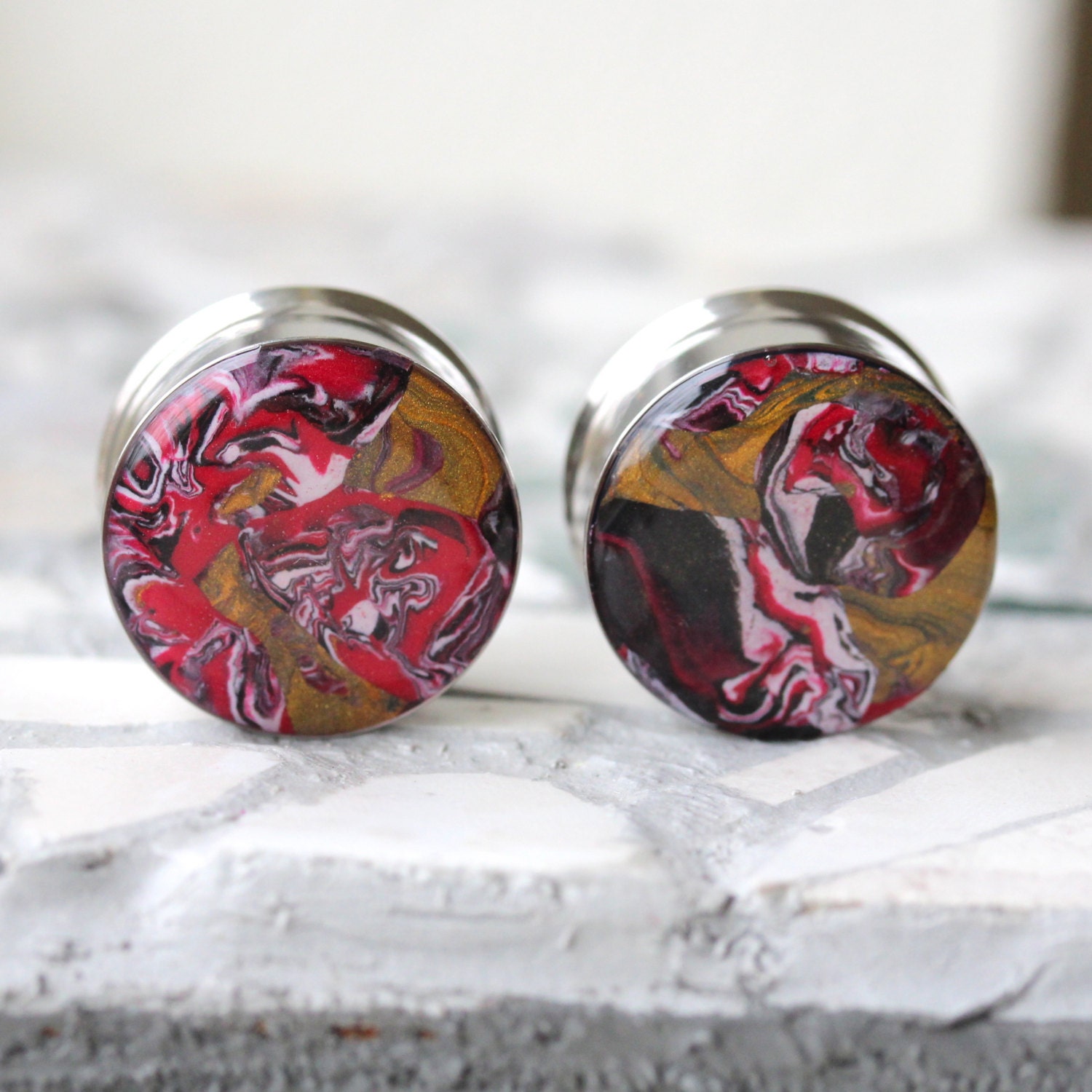 7/8 Ear Gauges Red Plugs Unique Gauges Double by SilverPeakPlugs