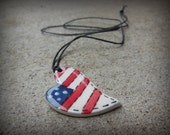 Patriotic Primitive Flag Heart Shaped Necklace, 4th of July Flag, Red, White, Blue Jewelry, Natural Holistic Essential Oil Diffuser Pendant