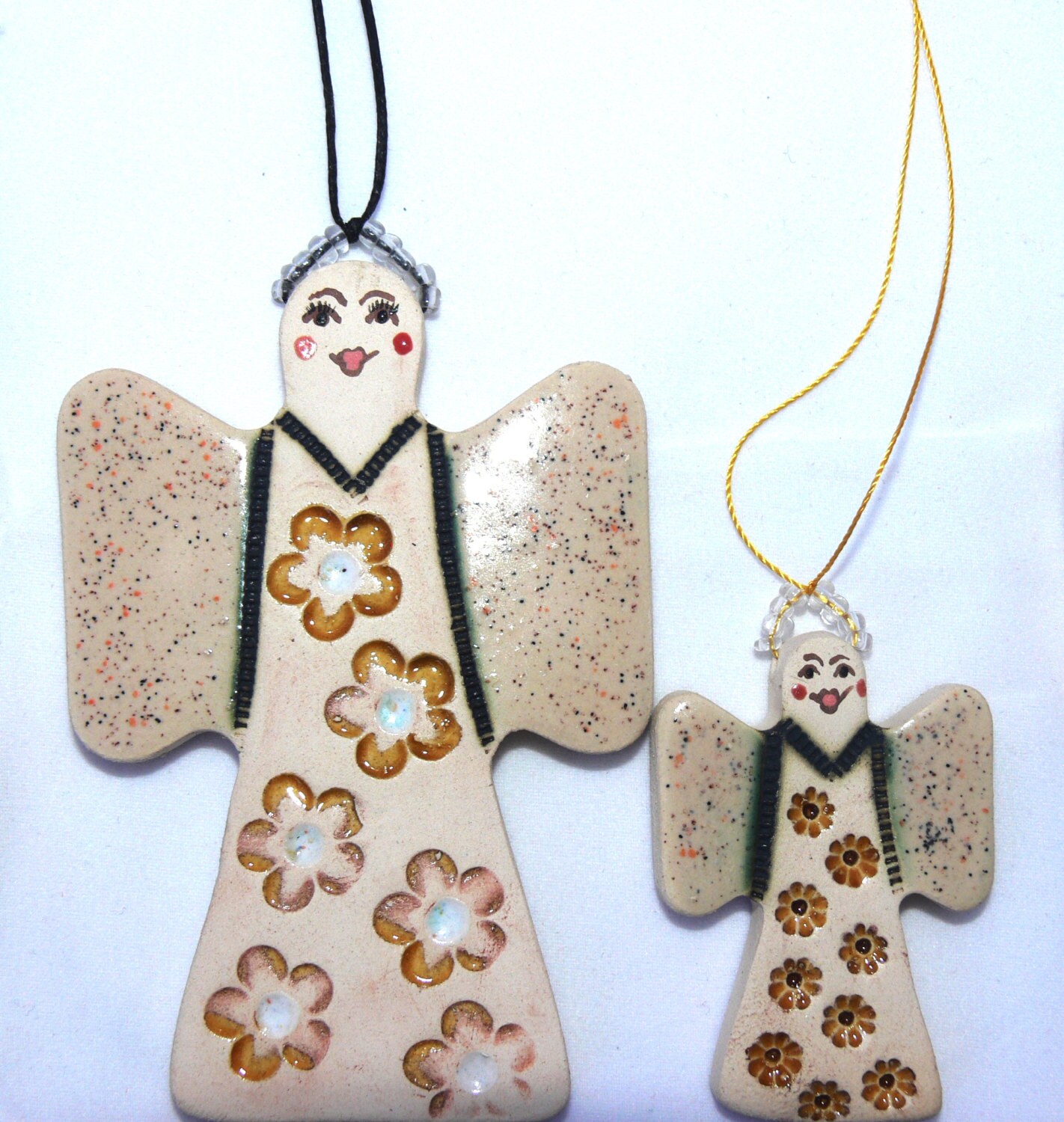Christmas handmade tree ornament ceramic primitive Angel-honey yellow flowers,colorful