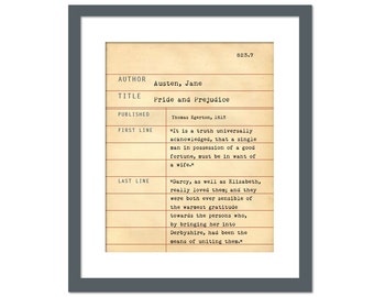 Pride and Prejudice by Jane Austen - Library Card Art Print - Book Lovers Poster - Library Poster - Book Gift - Dewey Decimal System