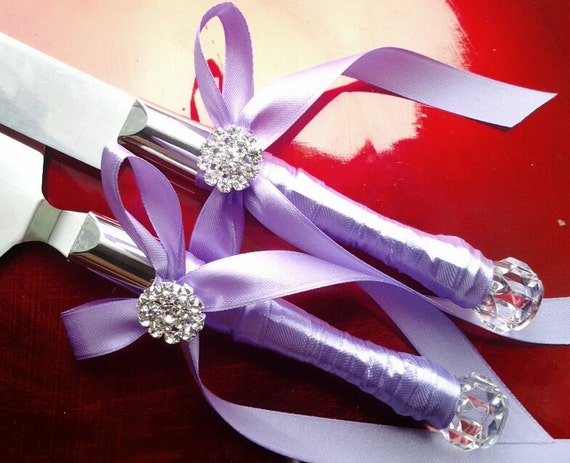 wedding cake server and knife set purple lavander satin ribbon