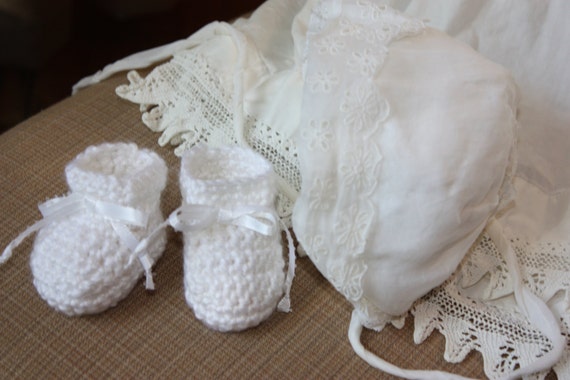 White Christening Crochet Baby Booties White by ImagineThatBaby