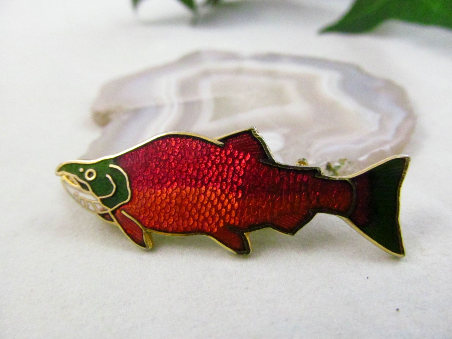 Cute Enamel Fish Pin Featuring Bright Red Gold And Green