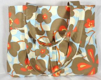 Floral diaper bag medium, purse, Amy Butler Lotus Morning Glory with red and white lining with three bottle pockets