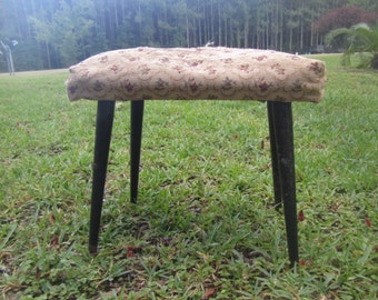 ViINTAGE FOOTSTOOL, ottoman, Mid century foot stool,vintage decor,brown,flowers.hay stuffed,