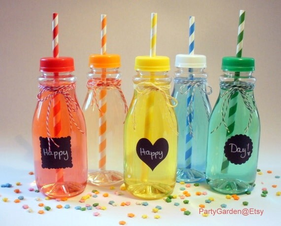 10 Vintage Clear Plastic Milk Bottles and Lids with Straw Holes - Medium 12 oz Il_570xn