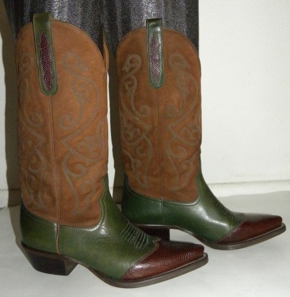 Vintage Cowboy Boots Nine West EVIE 2 tone Leather Suede brown green ...