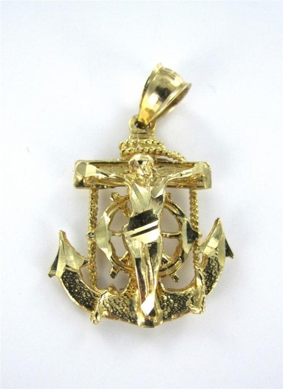 14 karat yellow gold Jesus anchor cross crucifix good luck