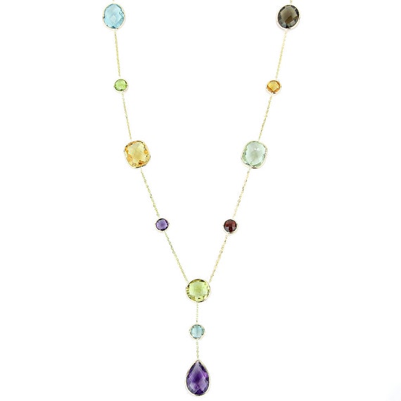 14K Gold Drop Necklace With Fancy Cut Gemstones by amazinite