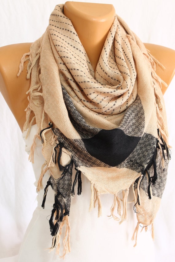 Cream Black Scarf Check Scarf Plaid Scarf Square Scarf by escherpe