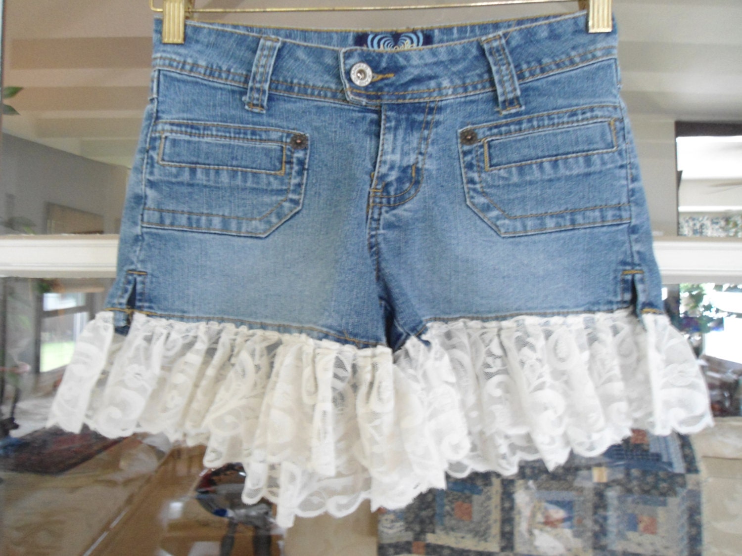 Ruffle Lace Hem Denim Jean Shorts Upcycled Clothing Size 3