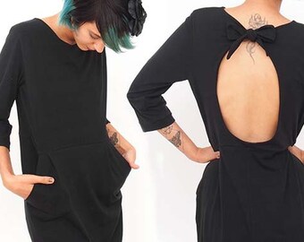 Black Open Back Dress // Little black dress // Smart Casual Knee Length Cocktail Midi Dress