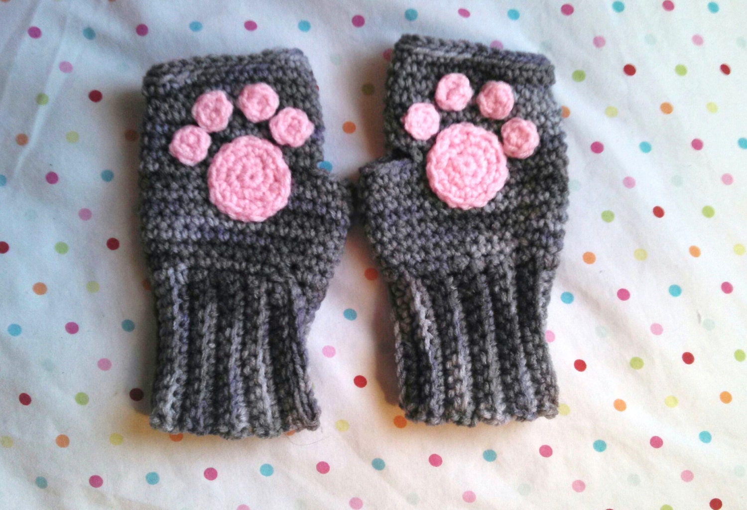 Crochet Handmade Kitty Cat Paw Fingerless Gloves