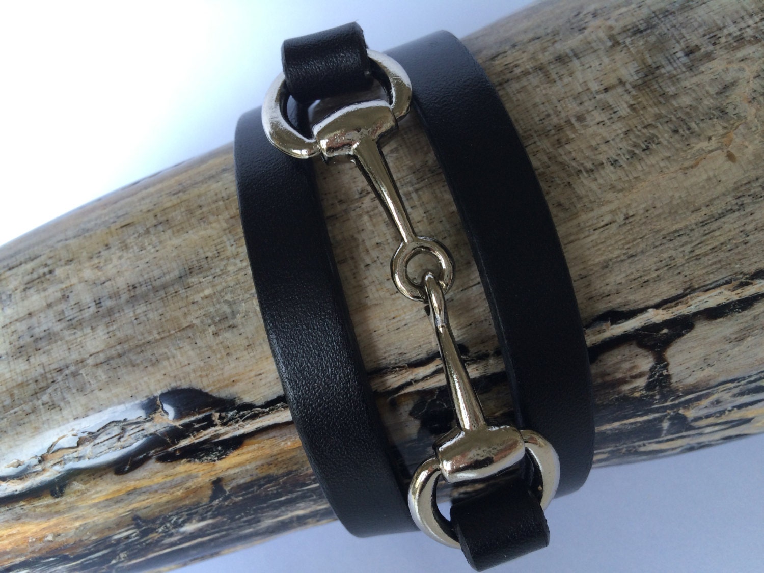 Triple Wrap Black Leather Bracelet with Horse Bit Wrap