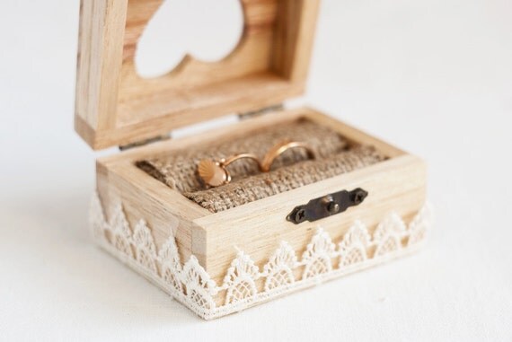 Wooden wedding box with a ivory lace trim - Ring bearer box, lace trim 