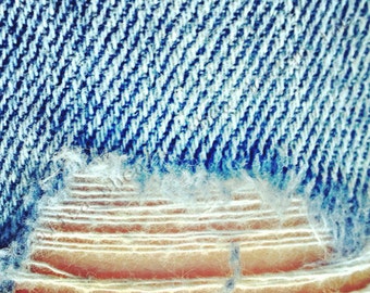 5x5 ripped jeans macro photography minimalist art on cardstock (boys room art, boys artwork, blue jeans, fine art photography)