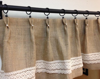 Hand Sewn Pearl valance, Lace Burlap Valance , Shabby Chic valance, Shabby chic, Cottage style valance, 14" valance, 16" burlap valance