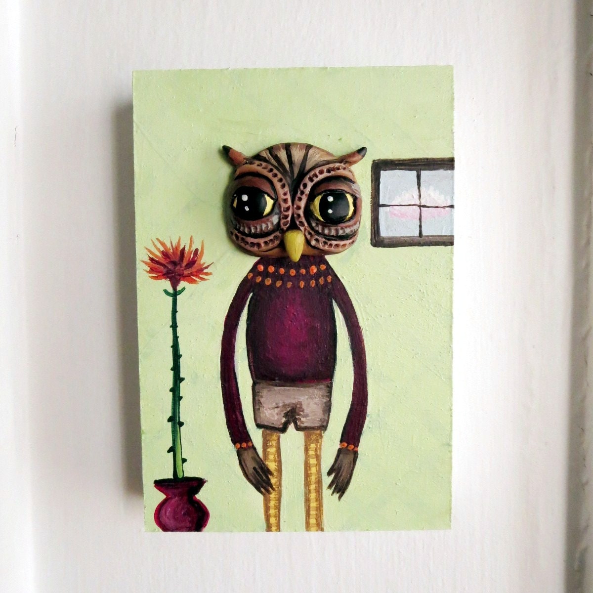 Reserved Mr Owl decor Original painting Clay owl by WhimsyCalling