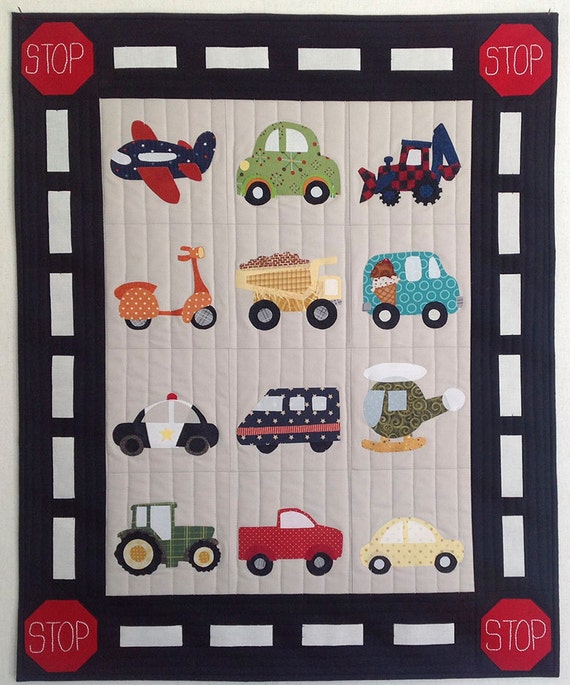 Quilt wall hanging cars trucks planes tractors appliqué