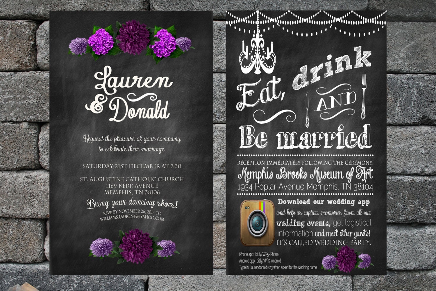 Printable Wedding Invitation Front / Back 2 by SweetBeeCreates