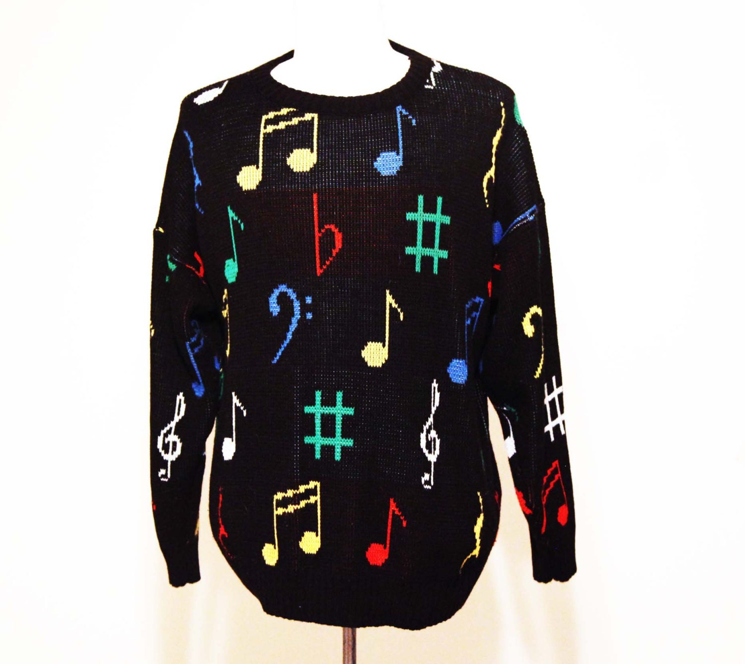 Vintage 80s sweater music notes primary colors