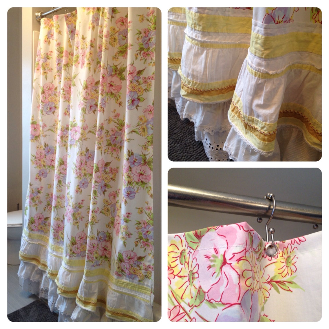 Boho shabby ruffled shower stall curtain in yellow pink and