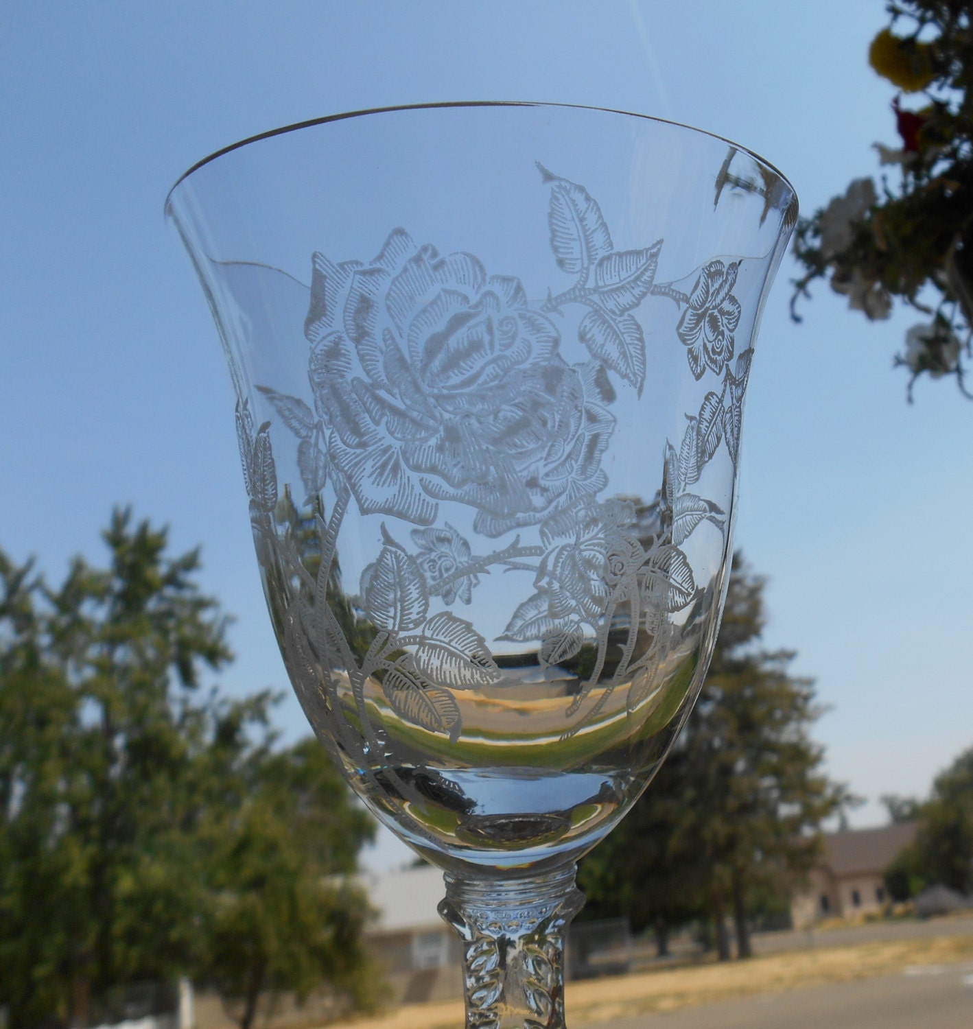 Heisey Rose Goblets 5 Wine or Water Glasses Etched Crystal