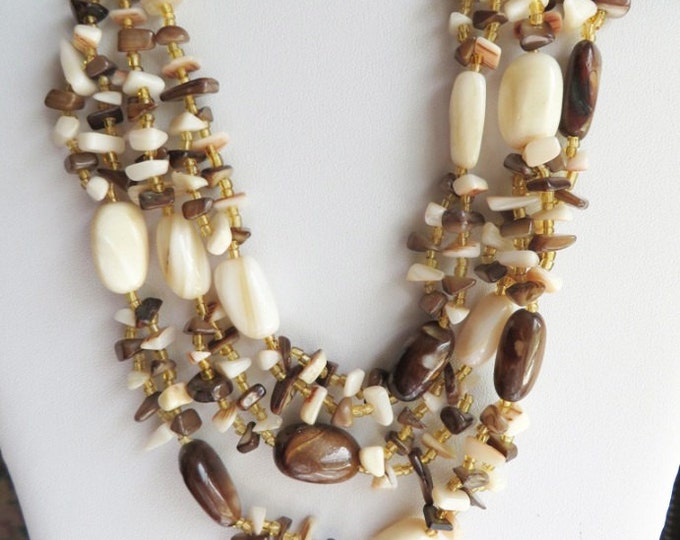 Necklace, Brown Bead Necklace, Vintage Brown Quartz Triple Strand Japan Stone Necklace, Gift for Her