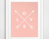 Peach Love Arrows, Love Arrow Print, Printable Love Art, Coral, Peach, Pink Arrow Wall Art, White Arrows on Peach, Pastel, Pink