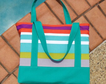 Extra large waterproof striped canv as beach or pool bag - zippered ...