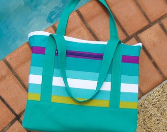 striped canv as beach or pool bag - zippered outside pocket - beach ...