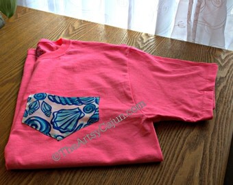 Neon Pink T shirt with Lilly Pulitzer Blue Sailors Valentine Fabric Pocket