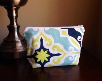 Makeup bag, cosmetic case, zipper pouch, clutch - multicolored navy lime green print