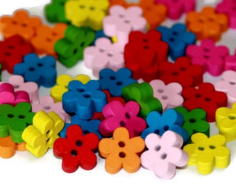50 Flower Buttons 12mm - Painted Wooden Flower Shaped Buttons - Bright Colour Thick Wood Buttons - PW56