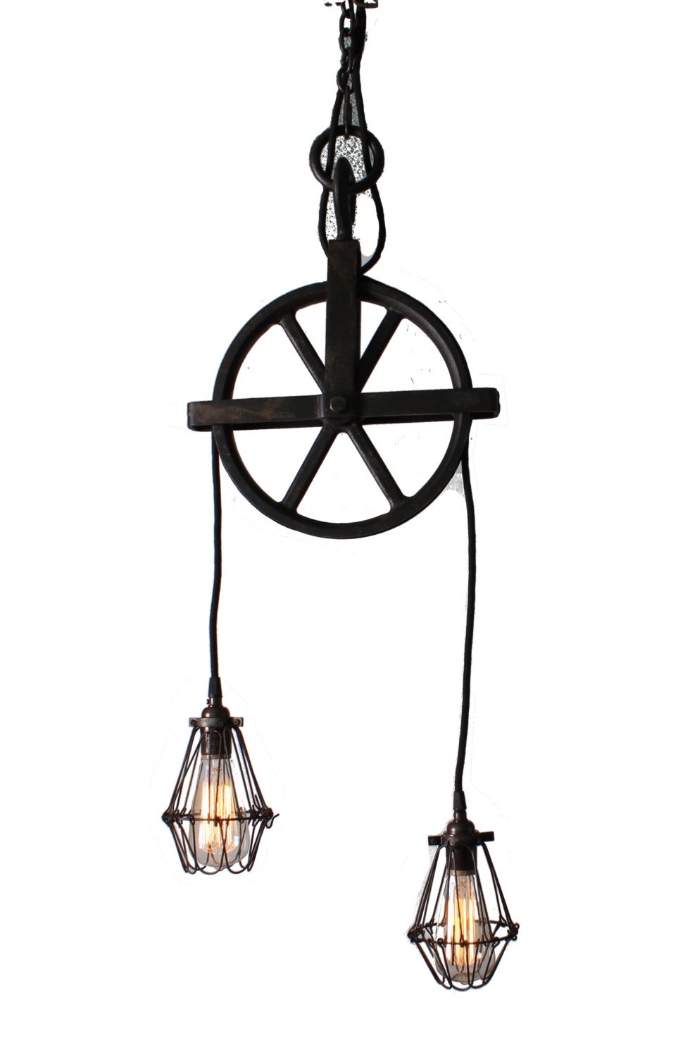 Well Pulley Chandelier with Cage Pendants in Black by ParisEnvy