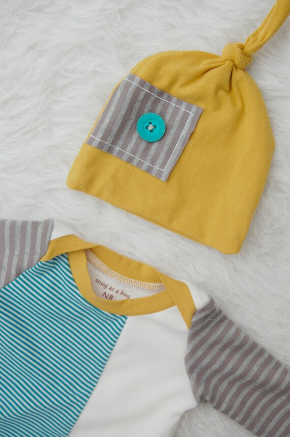 Sweet Buttons Baby Boy Gown with Matching Beanie Knot Hat