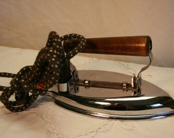 Superstar, Vintage,General Electric cord, folding, travel iron, stainless steel, nice wood handle, with metal stand, base,compact,works!