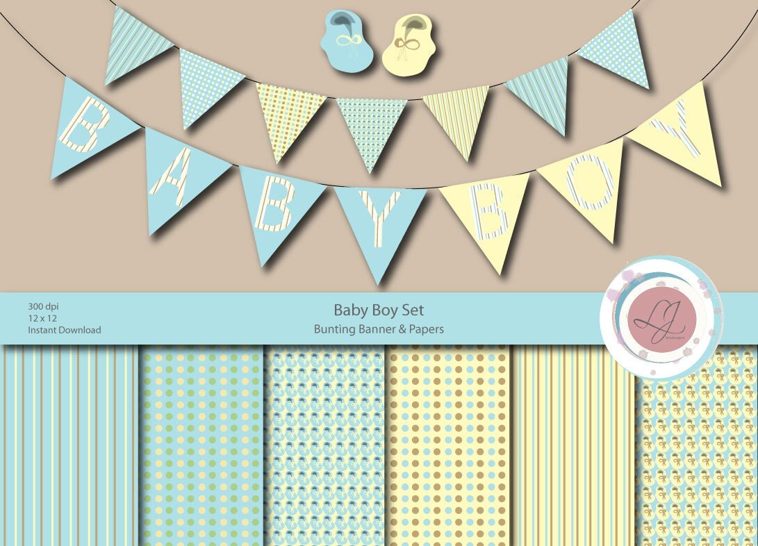 Baby Boy Bunting Banner and Patterned Paper Set Clipart