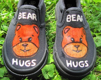 Boy's Hand Painted Teddy Bear Slip On Shoes In Size 8 Toddler , Infant, Toddler, & Children's Black Canvas Slip On Shoes With Teddy Bears!