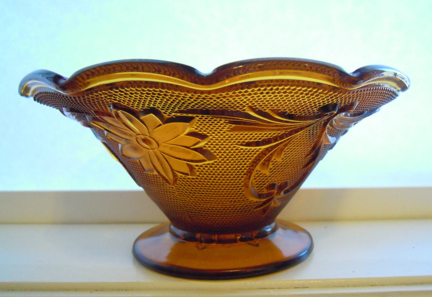 Vintage Glass Bowl Amber Tiara Sandwich Pattern Crimped