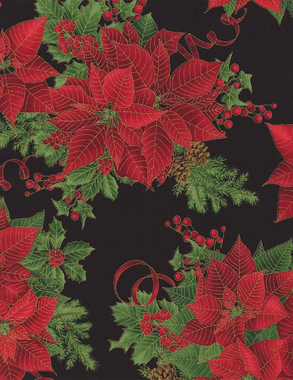 Christmas Fabric/Red Poinsettias on Black/Metallic by ChristmasJul