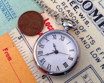 1 Retro Style Silver Pocket Watch Necklace Chain Included Vintage Style Timepiece Pocketwatch Classic Roman Numerals