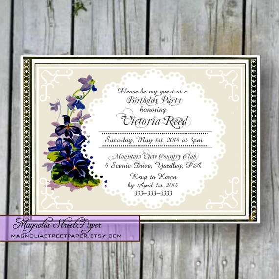 Items similar to Printable Birthday Invitation, Purple Violets