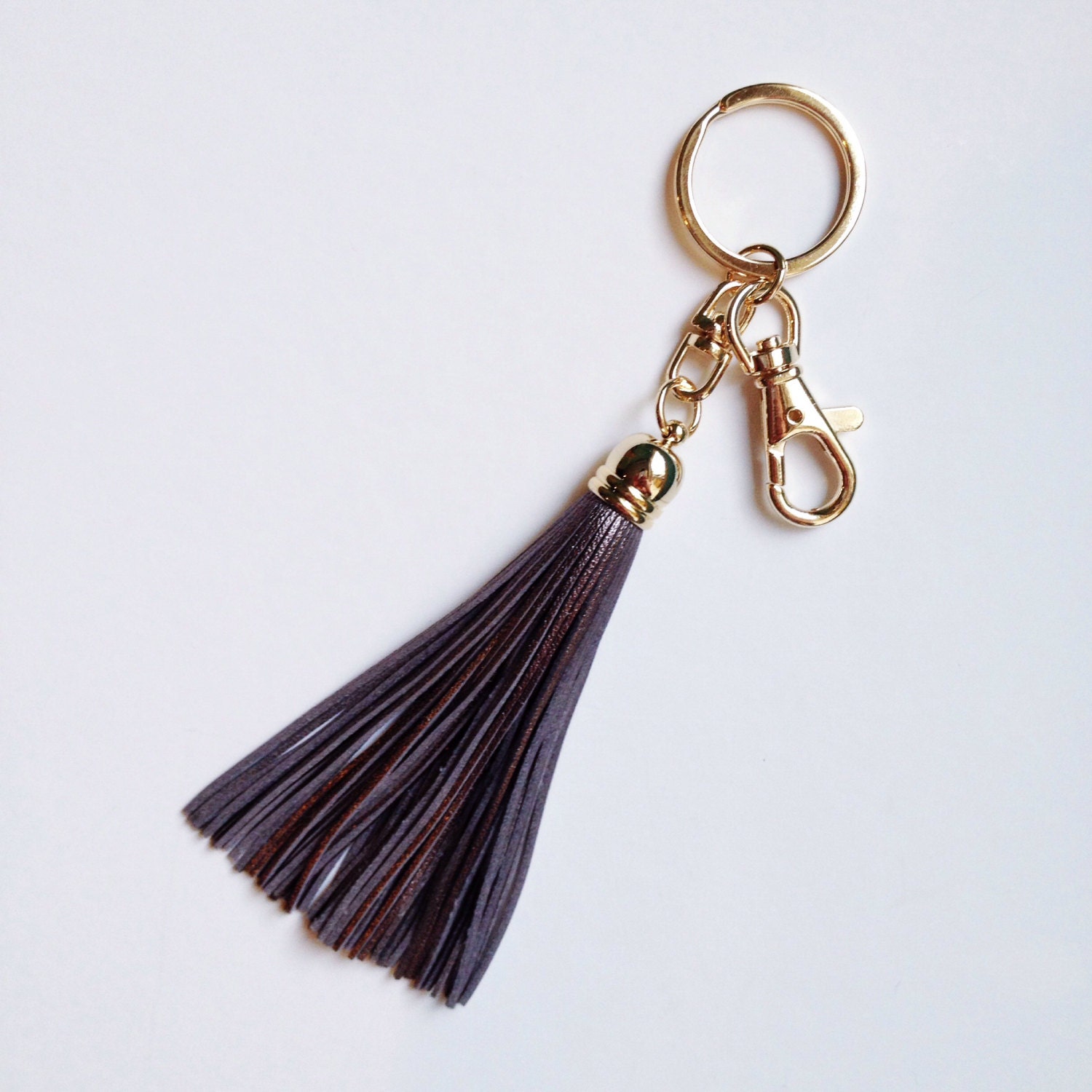 Metallic Gray Leather Tassel Keychain Gold plated Key by BheartB