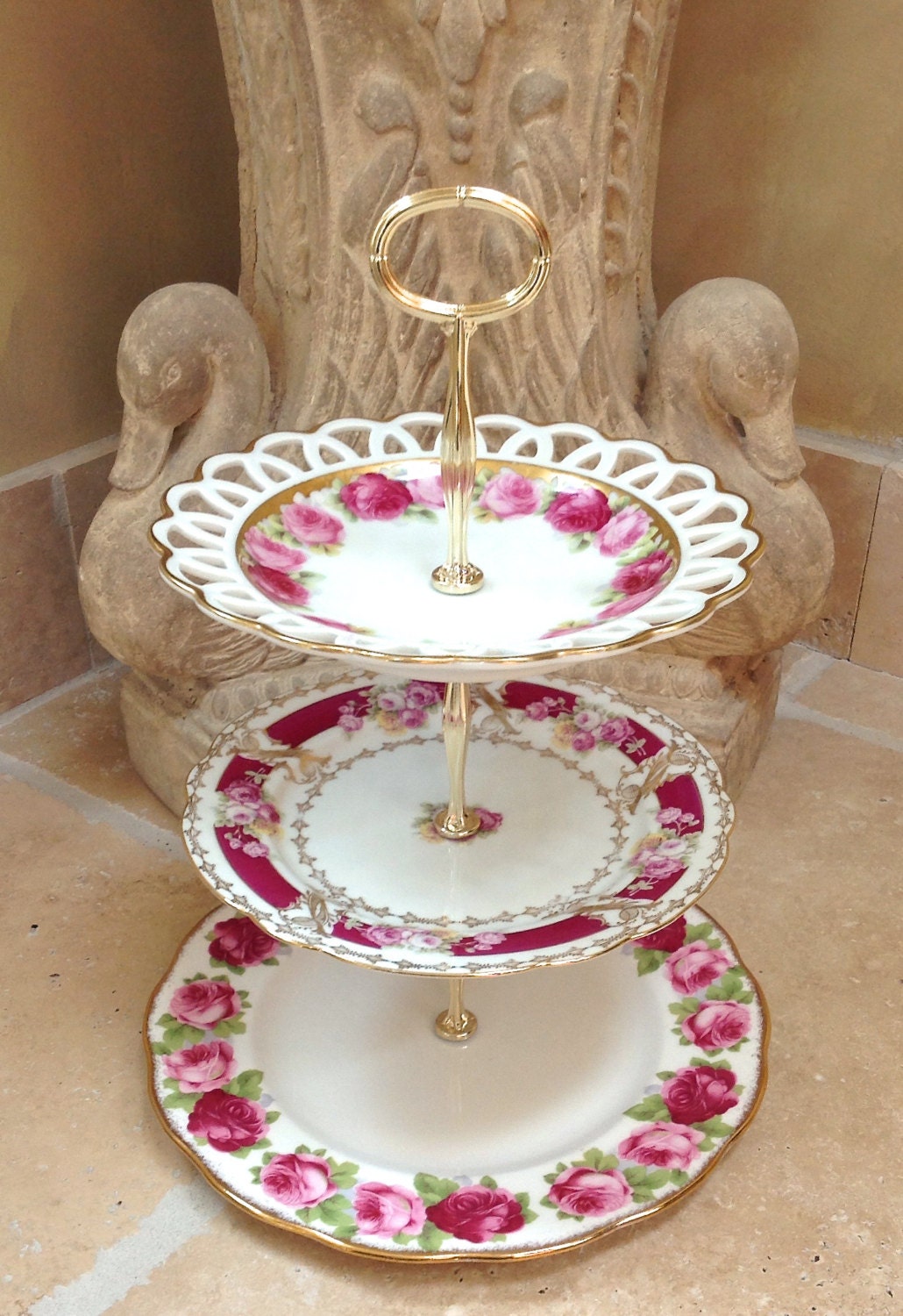 3 Tier Cake Stand Vintage China Roses for cupcakes sweets